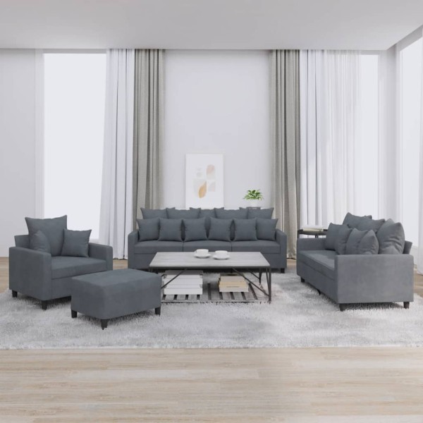 Sofa set with cushions, 4 parts, gray, velvet