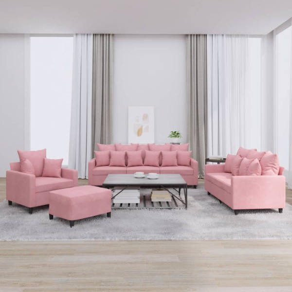 Sofa set with cushions, 4 parts, pink, velvet