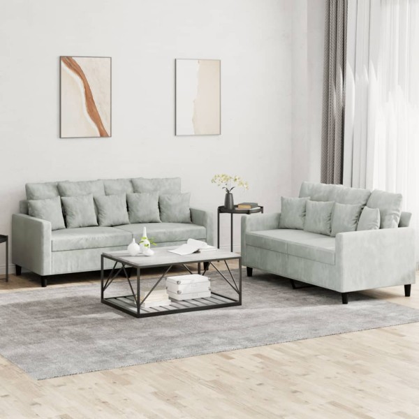 Sofa set with cushions, 2 parts, gray, velvet