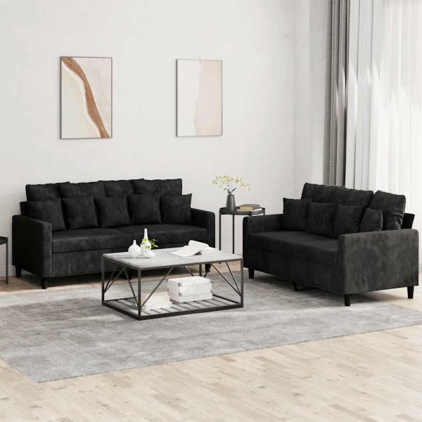Sofa set with cushions, 2 parts, black, velvet