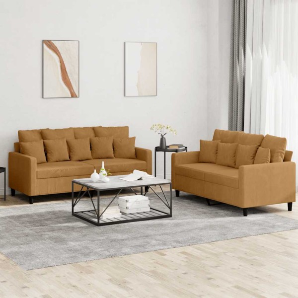 Sofa set with cushions, 2 parts, brown, velvet