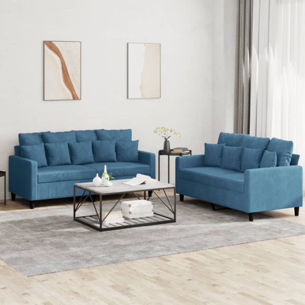Sofa set with cushions, 2 parts, blue, velvet
