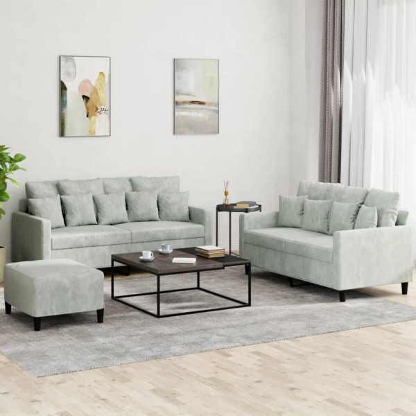 Sofa set with cushions, 3 parts, gray, velvet