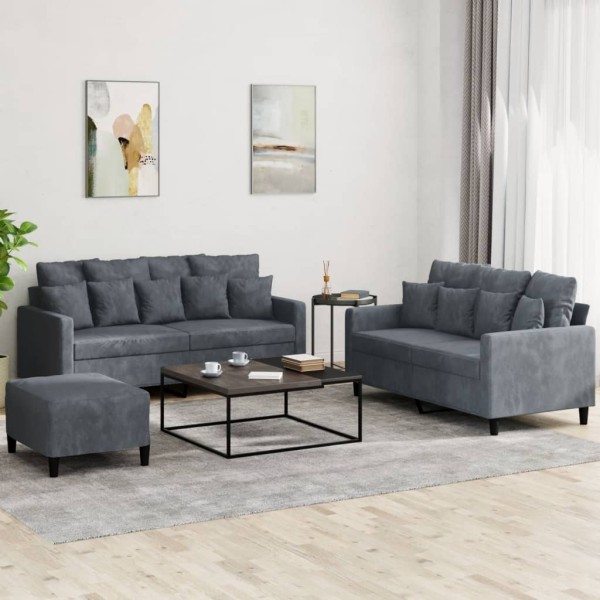 Sofa set with cushions, 3 parts, gray, velvet