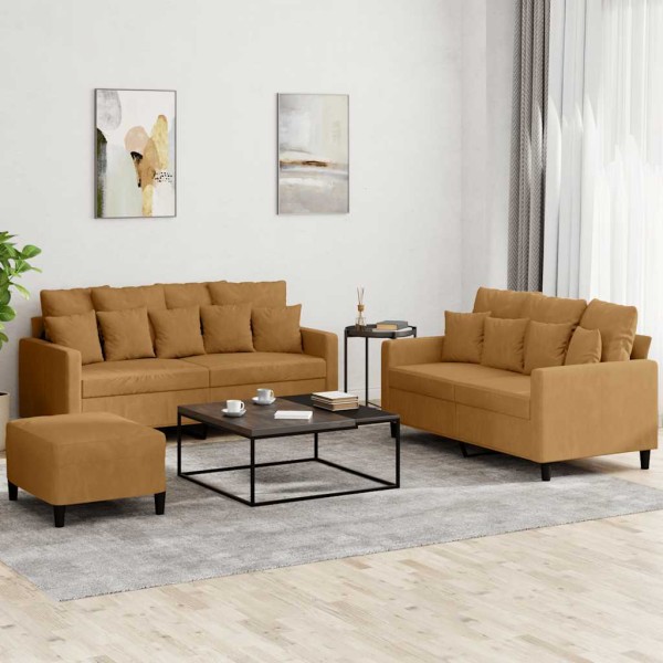 Sofa set with cushions, 3 parts, brown, velvet