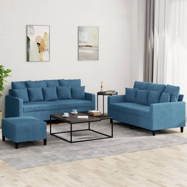 Sofa set with cushions, 3 parts, blue, velvet