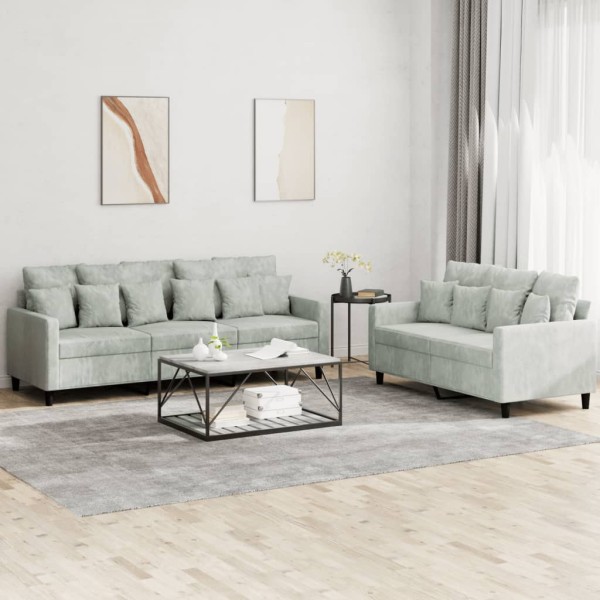 Sofa set with cushions, 2 parts, gray, velvet