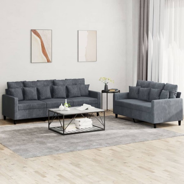 Sofa set with cushions, 2 parts, gray, velvet
