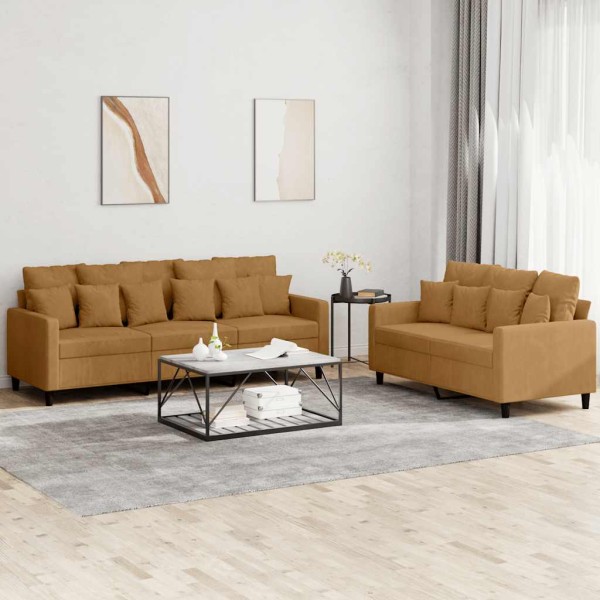 Sofa set with cushions, 2 parts, brown, velvet