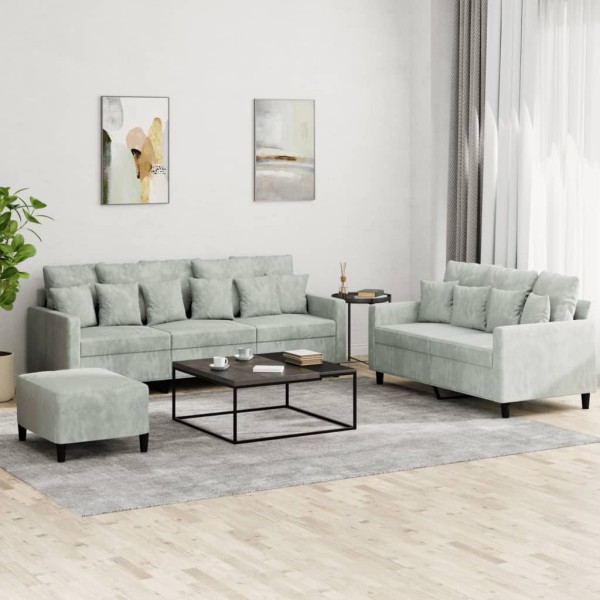 Sofa set with cushions, 3 parts, gray, velvet