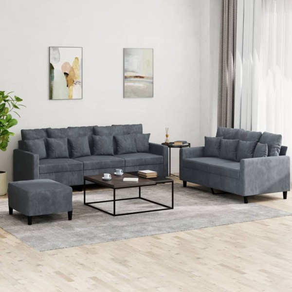 Sofa set with cushions, 3 parts, gray, velvet