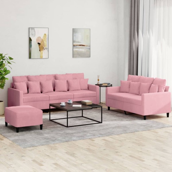 Sofa set with cushions, 3 parts, pink, velvet