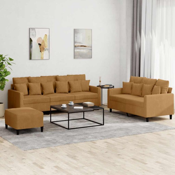 Sofa set with cushions, 3 parts, brown, velvet