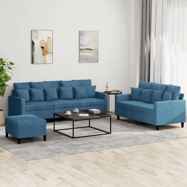 Sofa set with cushions, 3 parts, blue, velvet