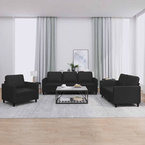 Sofa set with cushions, 3 parts, black, artificial leather