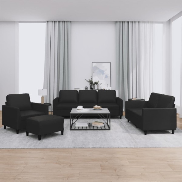 Sofa set with cushions, 4 pieces, black, artificial leather