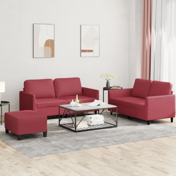 Sofa set with cushions, 3-piece, wine, artificial leather