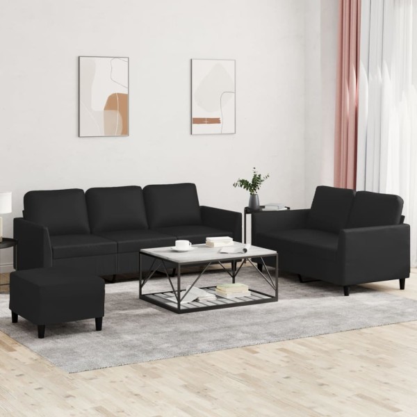 Sofa set with cushions, 3 parts, black, artificial leather