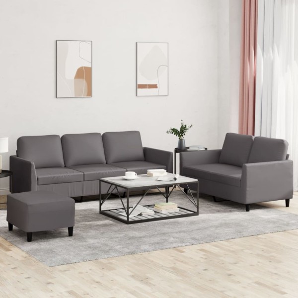 Sofa set with cushions, 3 parts, gray, artificial leather