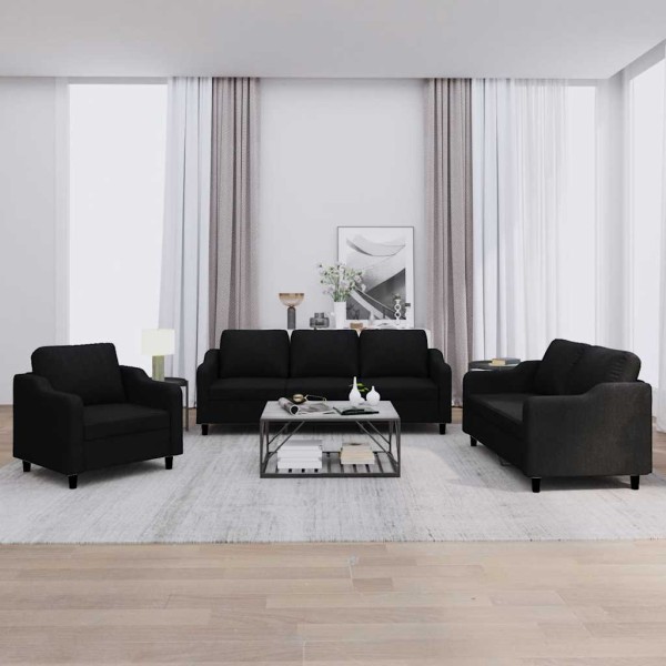 Sofa set with cushions, 3 parts, black, fabric