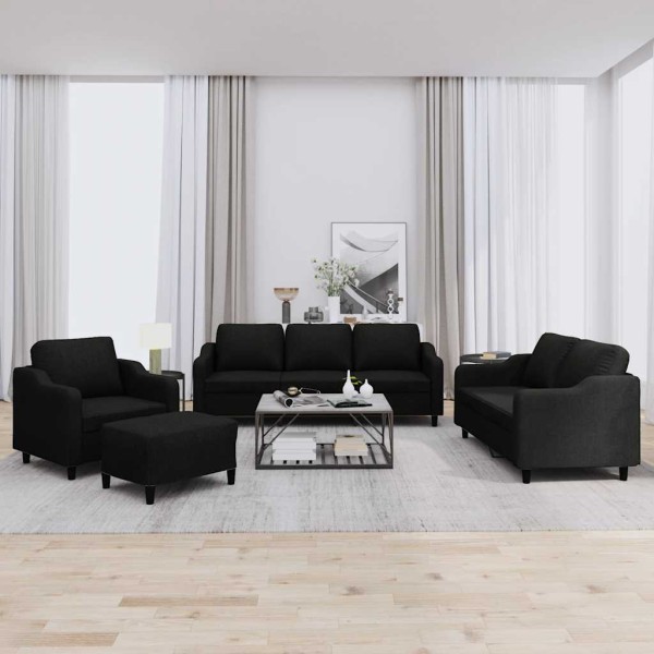 Sofa set with cushions, 4 parts, black, fabric