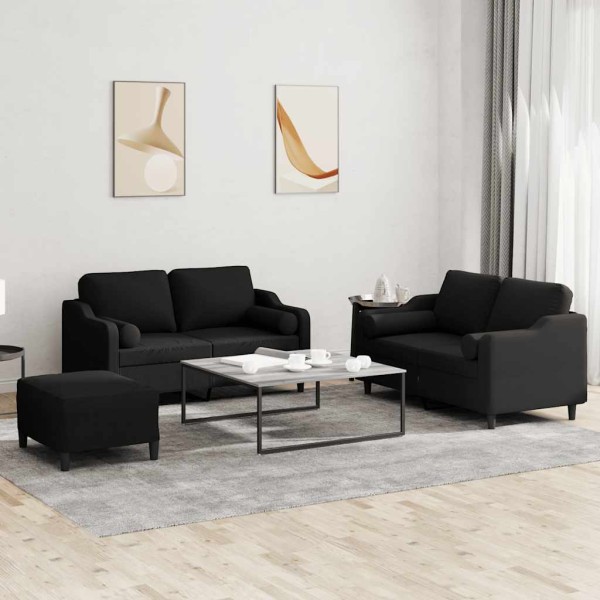 Sofa set with pillows, 3 parts, black, fabric