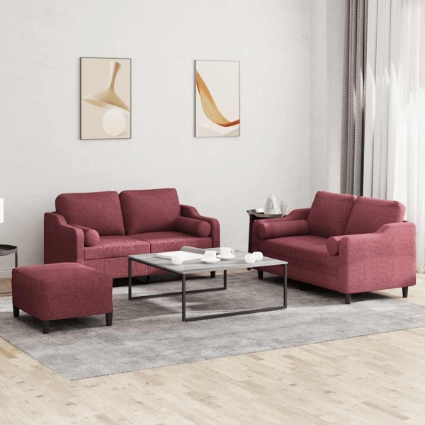 Sofa set with pillows, 3 parts, wine, fabric
