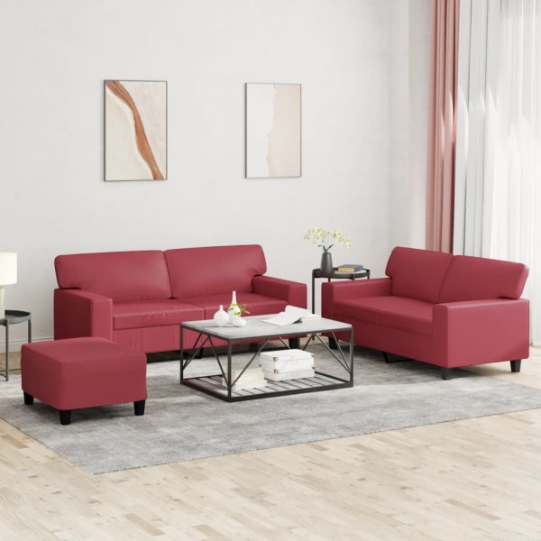 Sofa set, 3 parts, red wine color, artificial leather
