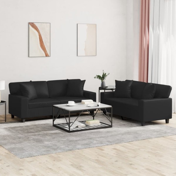 Sofa set with pillows, 2 parts, black, artificial leather
