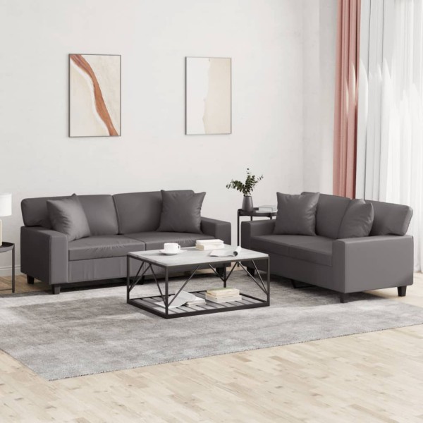 Sofa set with pillows, 2 parts, gray, artificial leather