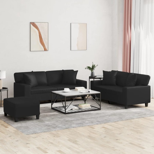 Sofa set with pillows, 3 parts, black, artificial leather
