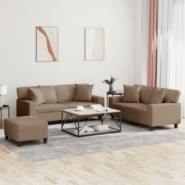Sofa set with pillows, 3 parts, cappuccino, artificial leather