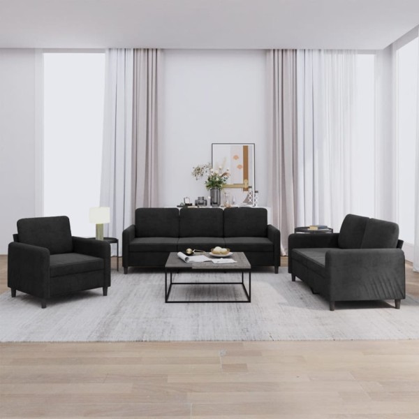 Sofa set, 3 parts, black, velvet