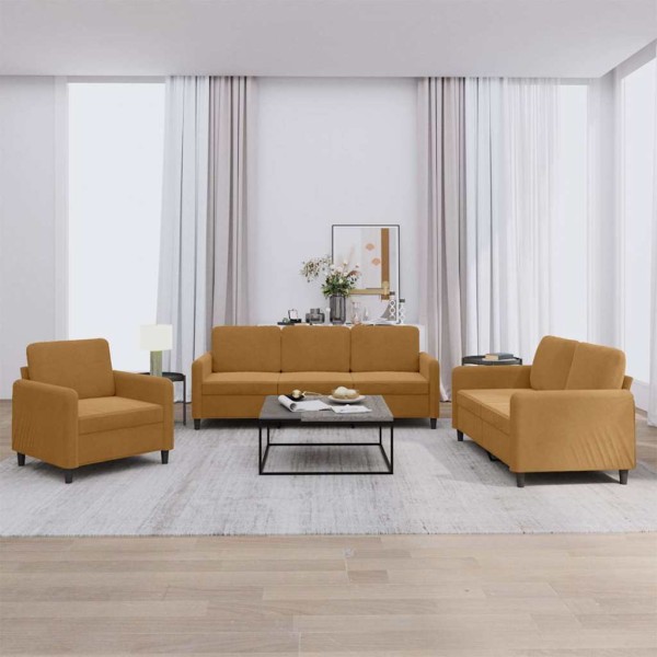 Sofa set, 3 parts, brown, velvet