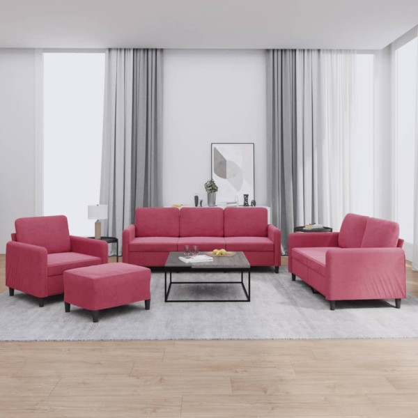 Sofa set, 4 parts, red wine color, velvet