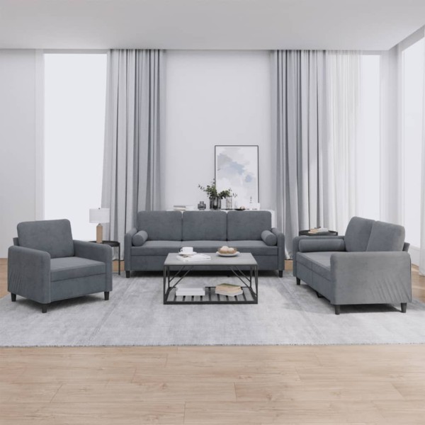 Sofa set with pillows, 3 parts, gray, velvet