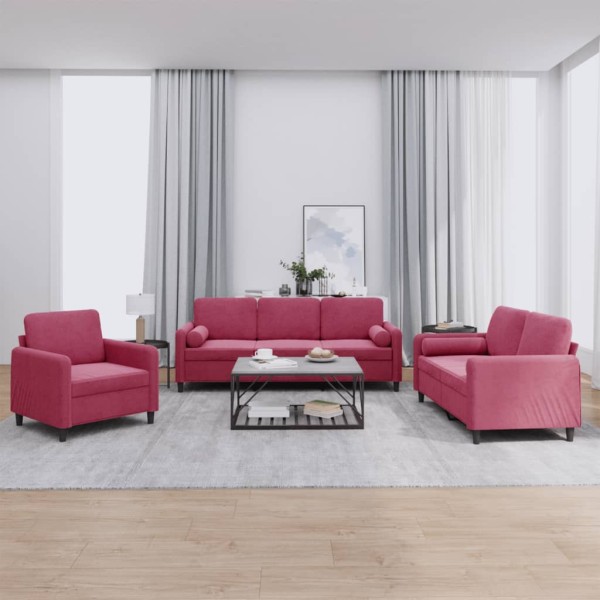 Sofa set with pillows, 3 parts, wine, velvet
