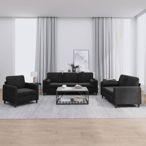 Sofa set with pillows, 3 parts, black, velvet
