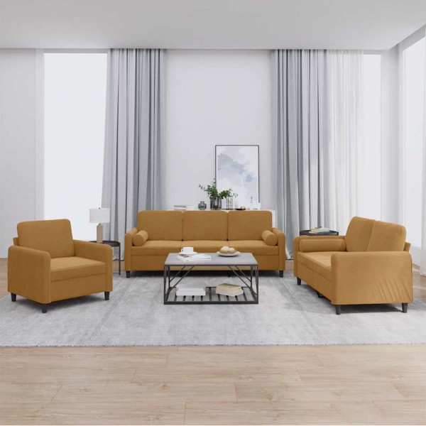 Sofa set with pillows, 3 parts, brown, velvet