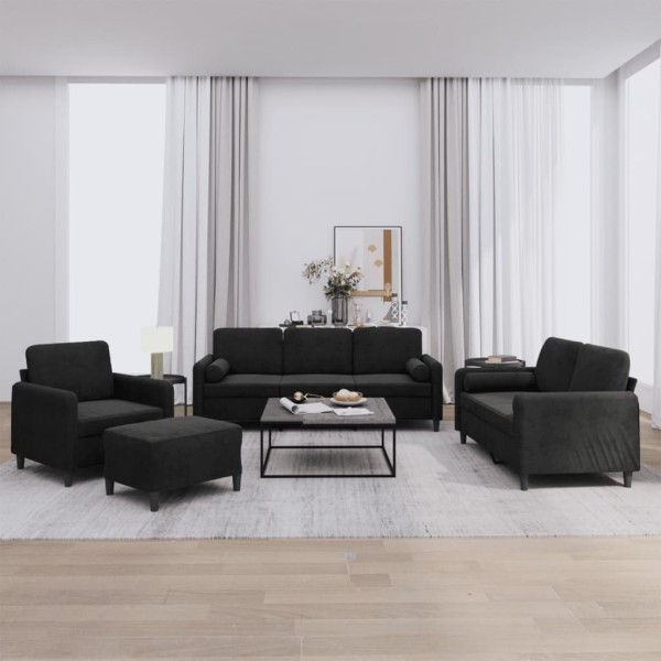 Sofa set with pillows, 4 parts, black, velvet
