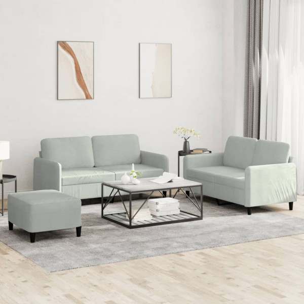Sofa set, 3 parts, light gray, velvet