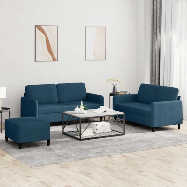 Sofa set, 3 parts, blue, velvet