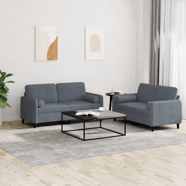 Sofa set with pillows, 2 parts, gray, velvet