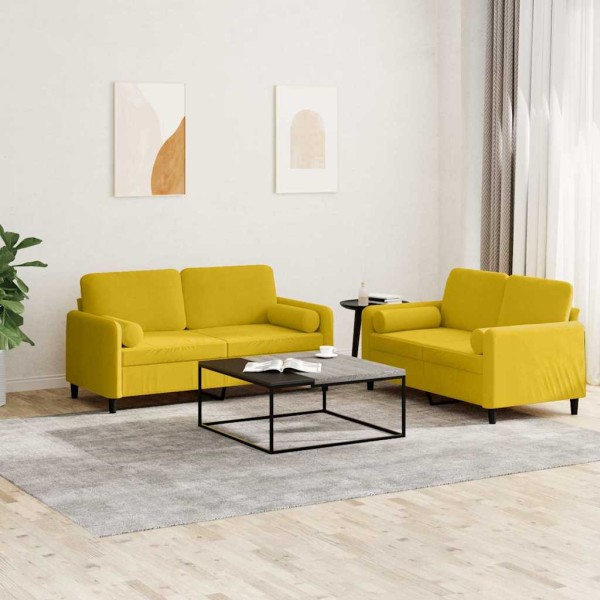 Sofa set with pillows, 2 parts, yellow, velvet
