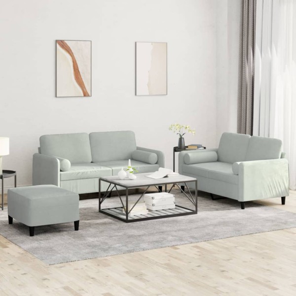 Sofa set with pillows, 3 parts, gray, velvet