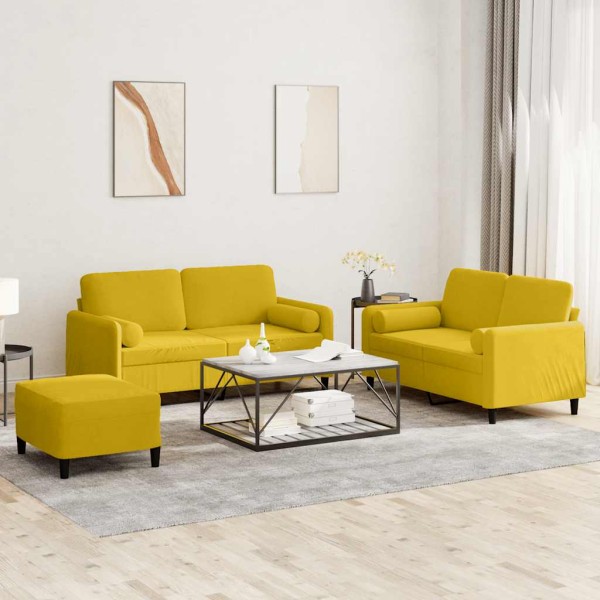 Sofa set with pillows, 3 parts, yellow, velvet