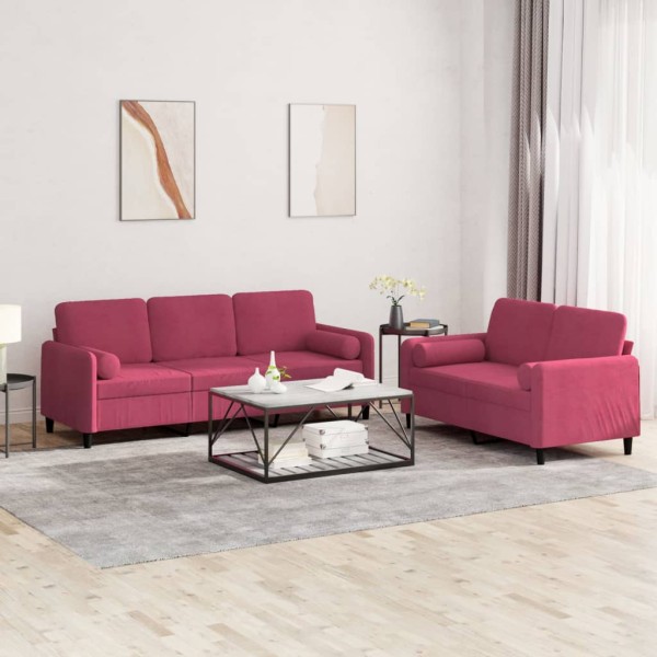 Sofa set with pillows, 2 parts, wine, velvet