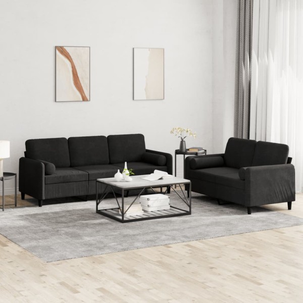 Sofa set with pillows, 2 parts, black, velvet