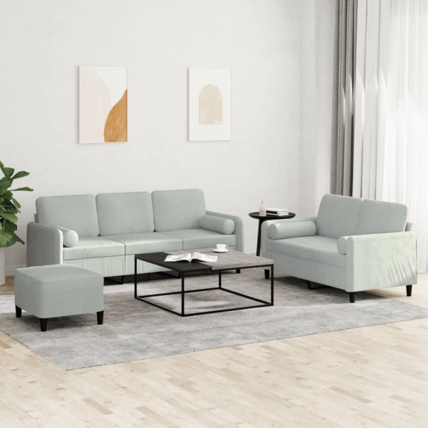 Sofa set with pillows, 3 parts, gray, velvet