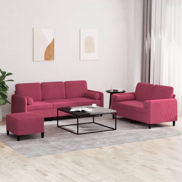 Sofa set with pillows, 3 parts, wine, velvet